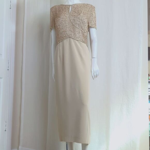 Montage Mon Cheri Tan  MOB Gown Beaded Bodice and Tan Straight Skirt Size 18 - Picture 2 of 7